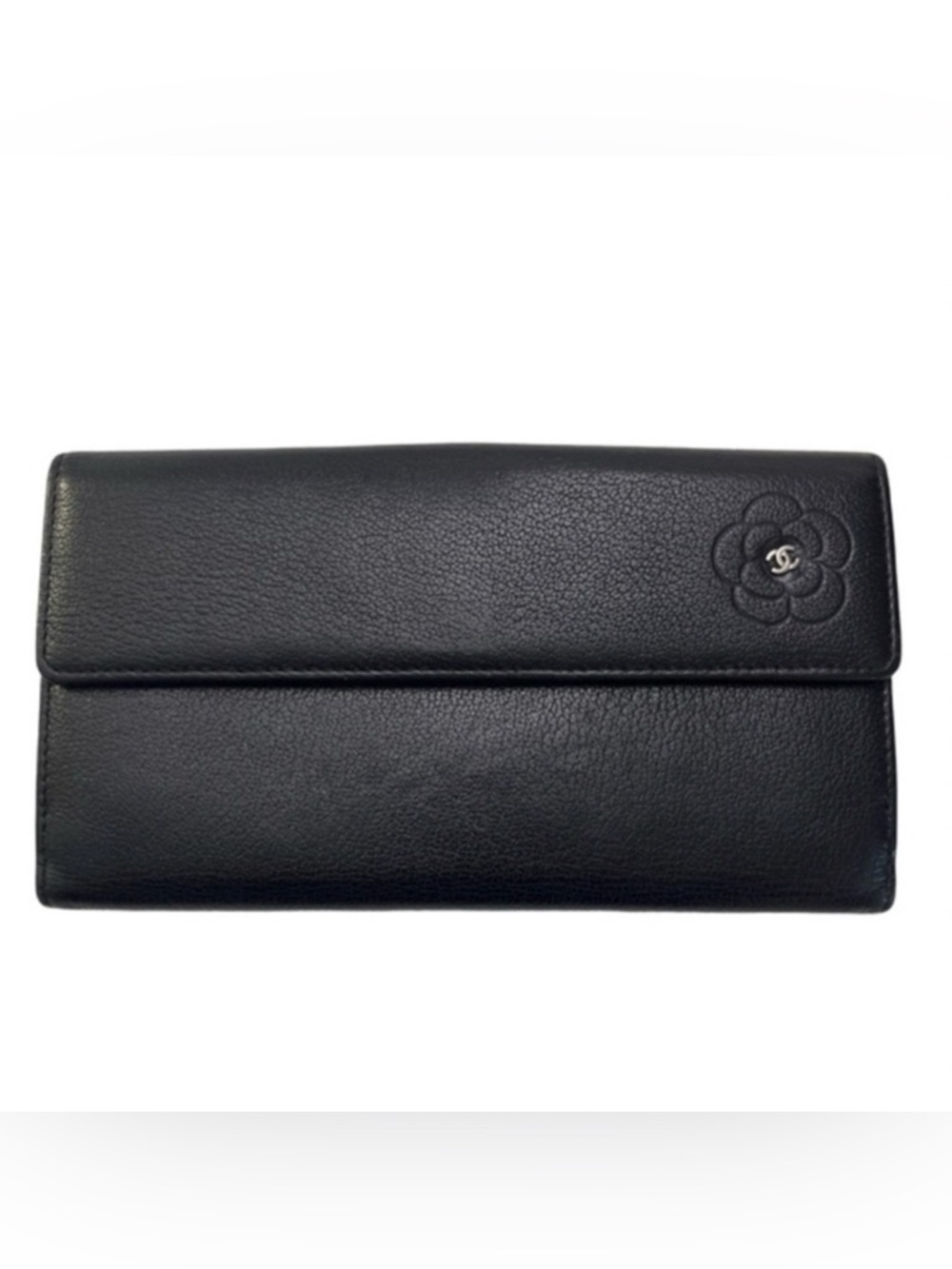 CHANEL Black Leather Camellia Wallet